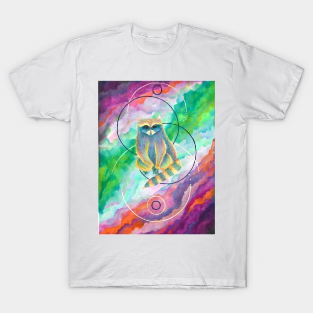 cosmic trippy rainbow trash panda T-Shirt by fun chaos amy